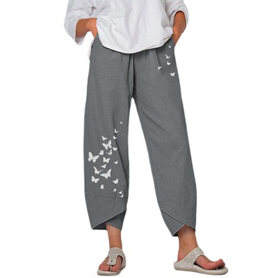 Cross-border Amazon Wish European And American Summer Casual Loose Cotton And Linen Butterfly Print Wide-leg Pants Female 3199