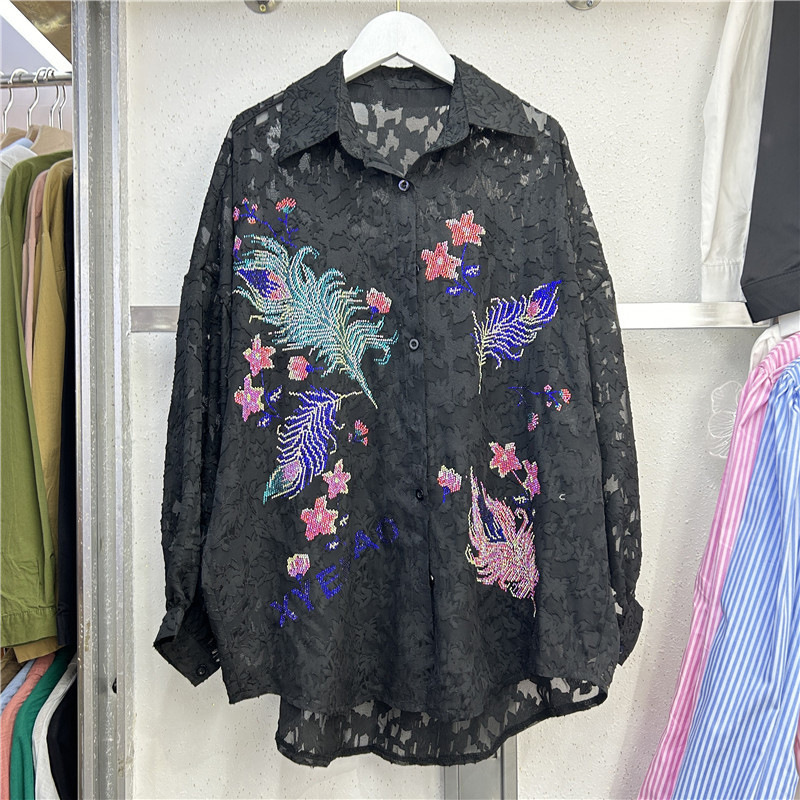 Autumn 2024 New Leaves Hot Drilling Embroidery Long Sleeve Flocking Loose Cute Age-reducing Casual Fashion Women's Shirt Autumn 2024 New Leaves Hot Drilling Embroidery Long Sleeve Flocking Loose Cute Age-reducing Casual Fashion Women's Shirt