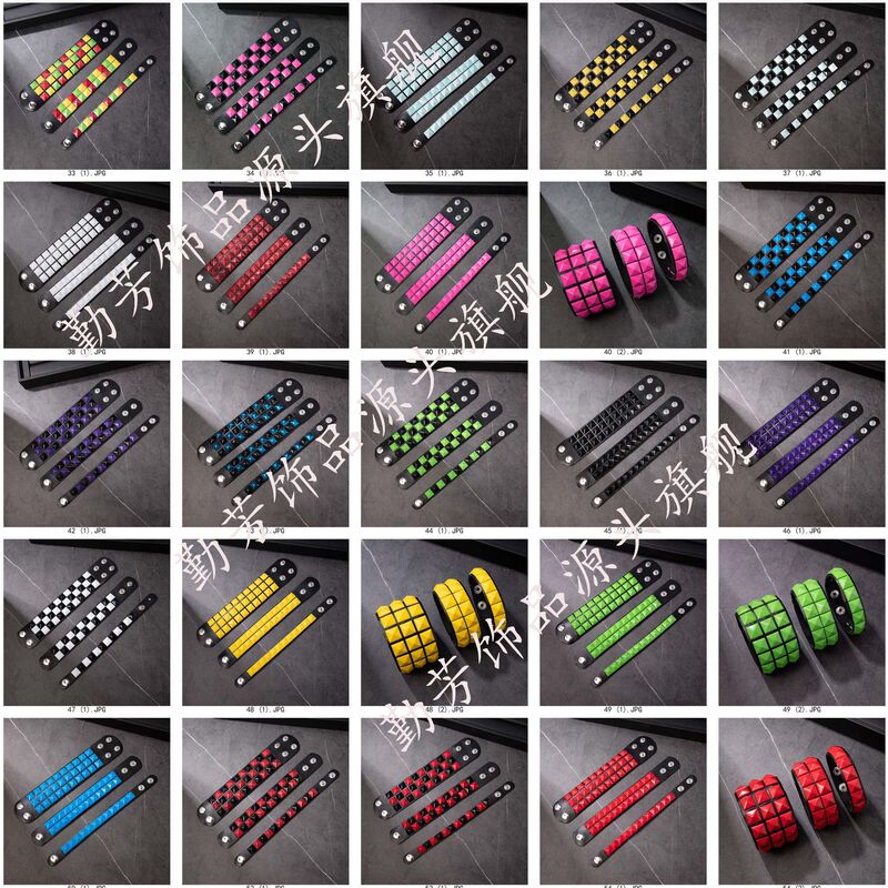 Cross-border colorful square rivet wide leather bracelet, punk style, available in multiple colors, trendy and cool, wholesale supply for men and women Cross-border colorful square rivet wide leather bracelet, punk style, available in multiple colors, trendy and cool, wholesale supply for men and women