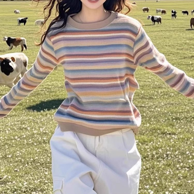 Korean-style Rainbow Striped Long-sleeved T-shirt Women's Spring and Autumn 2025 New Style Sweater Shoulder Slimming Top with Base Shirt
