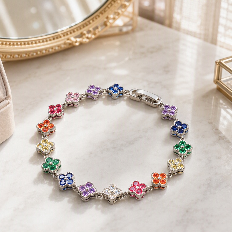 Four-Leaf Clover Bracelet with Colorful Zircon Inlays, Direct Supply from the Factory, Supports Mixed Batches, Cross-Border E-Commerce Supply