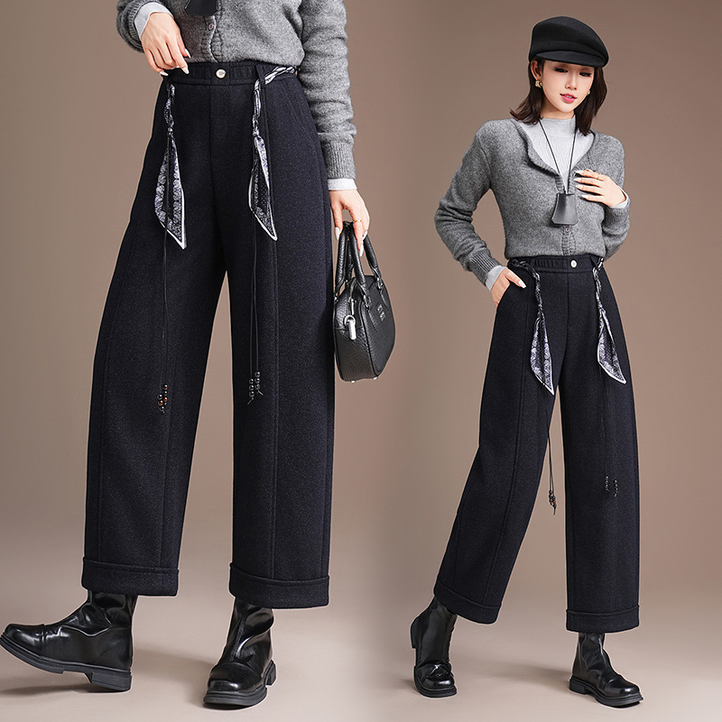 Boutique Wool Scythe Pants for Women 2025 Winter New Style Petite High-Waisted Loose Slimming Scythe Pants Wholesale