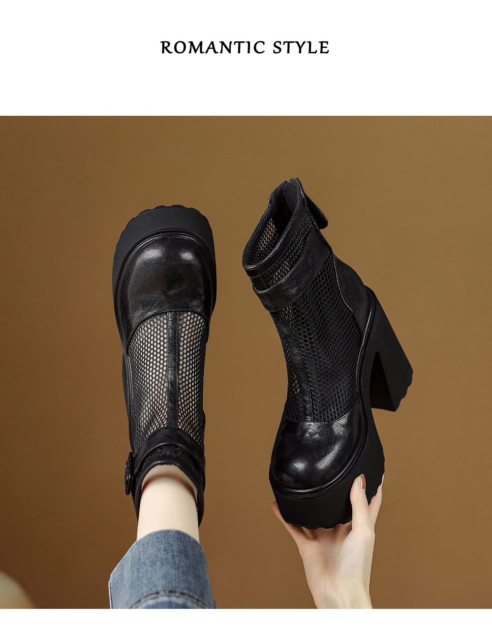 Boot nữ đế dày hở mũi phong cách La Mã da thật lưới thoáng khí kéo khóa trước mùa hè cổ thấp — màu đen chi tiết 10