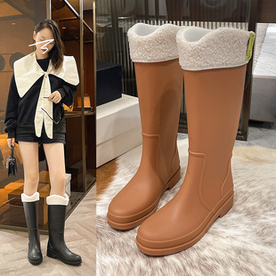 New Style Rain Boots for Women, Fashionable and Cute High-Top Water Shoes for Women, Non-Slip, Korean Style, Velvet, Flat Bottom, Deodorant, Mid-Length Outer Rain Boots