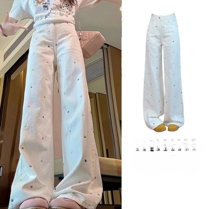 Stylish colorful polka dot wide-leg jeans for women, new spring and autumn collection, loose fit, flattering silhouette, high-waisted, straight-leg design