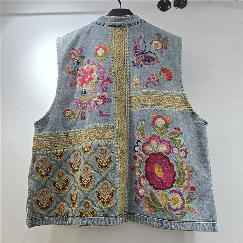 Retro bordado chaleco de vaqueros de flores de primavera y verano de mujeres nuevo chaleco suelto 2026 nuevo chaqueta de hombro de estilo chino de moda