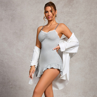 European and American Cross-Border Nightgown Sexy Ruffled Irregular Slimming Suspender Lace Dress Dress for Women
