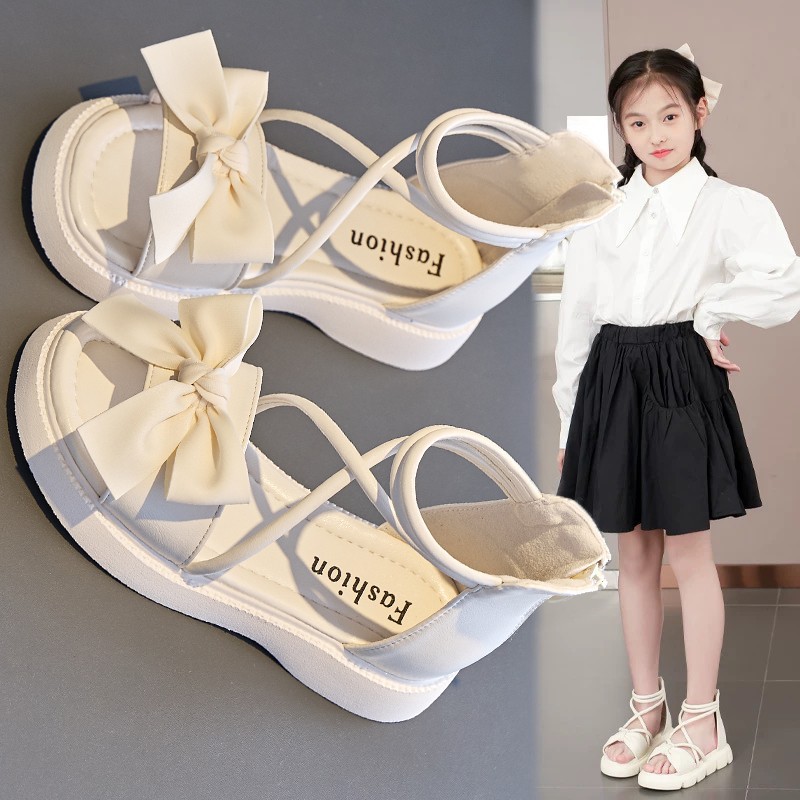 Sandalias para niñas, estilo verano 2026, con lazo, elegantes zapatos de princesa para niñas mayores, zapatos romanos de suela blanda y caña alta para niños.