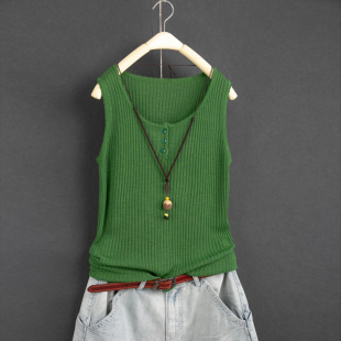 2025 Summer New Product, Artistic Large Size Pure Color Thin Strip Round Neck Pullover Linen Suspender Women's Loose Inner Vest