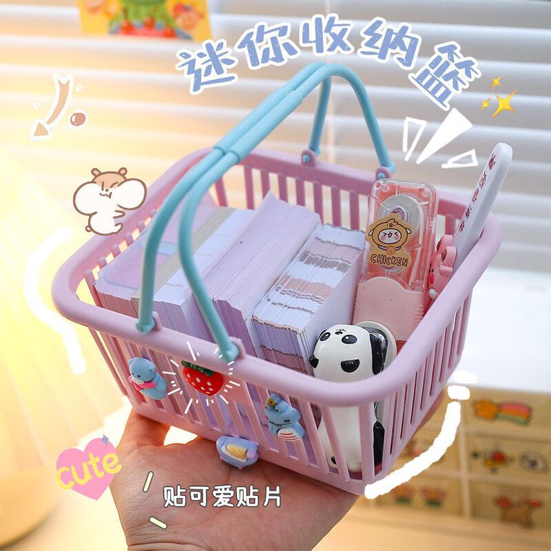 Cute Macaron Color Portable Storage Basket Pink Girl Heart Sticker Stationery Sundries Accessories Desktop Storage Basket