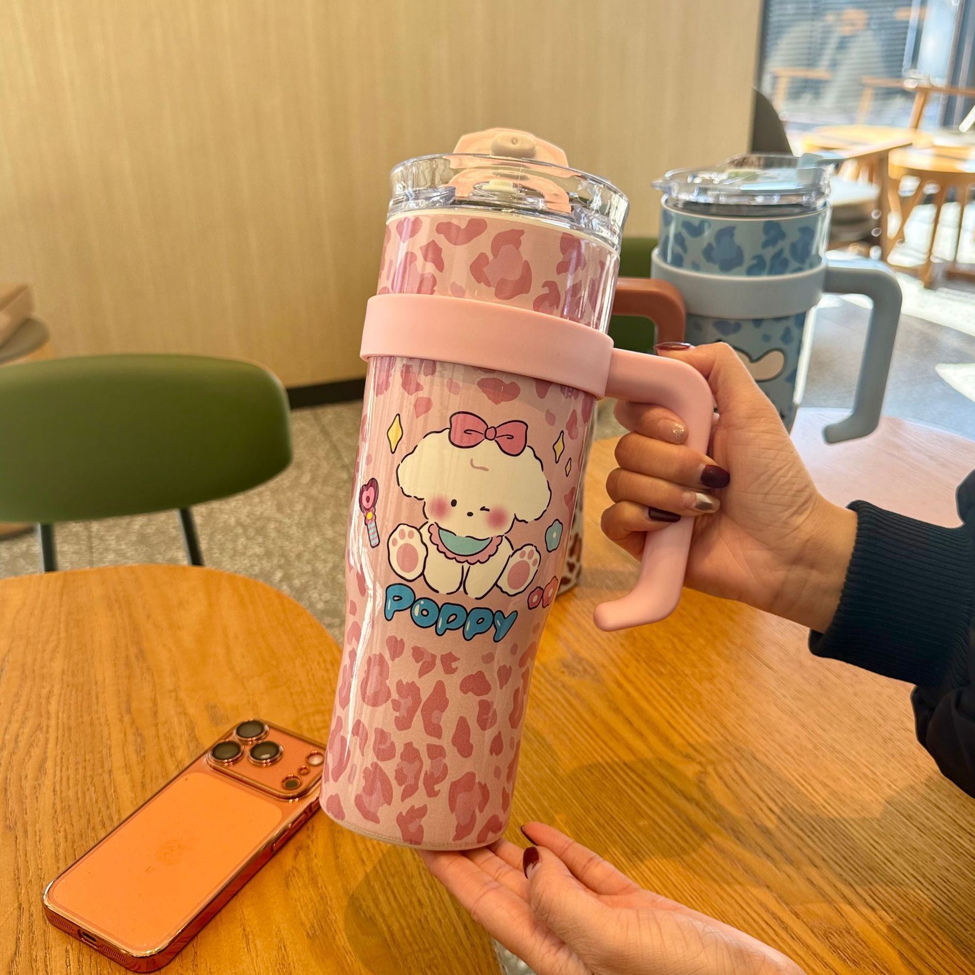 Taza de mango de niñas de alto valor facial 316 leopardo 304 taza de aislamiento de acero inoxidable taza de paja de gran capacidad taza de agua