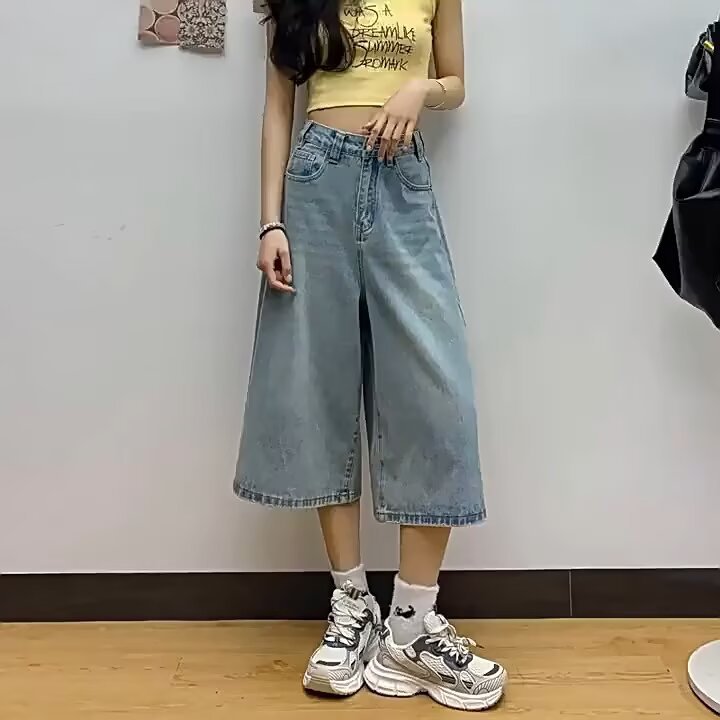 高街设计感简约时尚复古宽松做旧七分裤牛仔裤女夏季胖mm七分牛仔