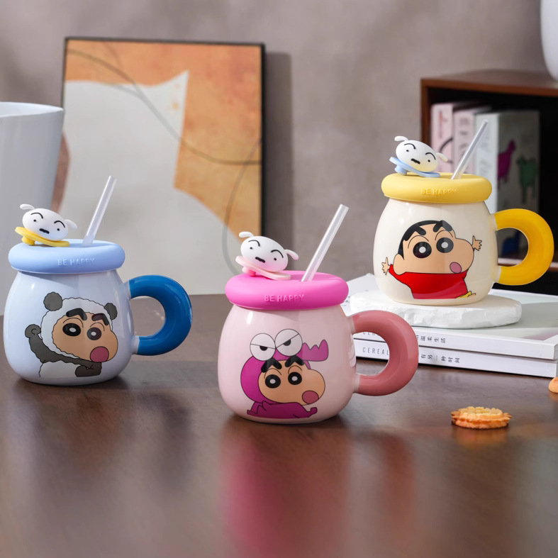 Crayon Shin-chan taza autorizada genuina con tapa con pajita taza pareja chica oficina taza de agua de alto valor