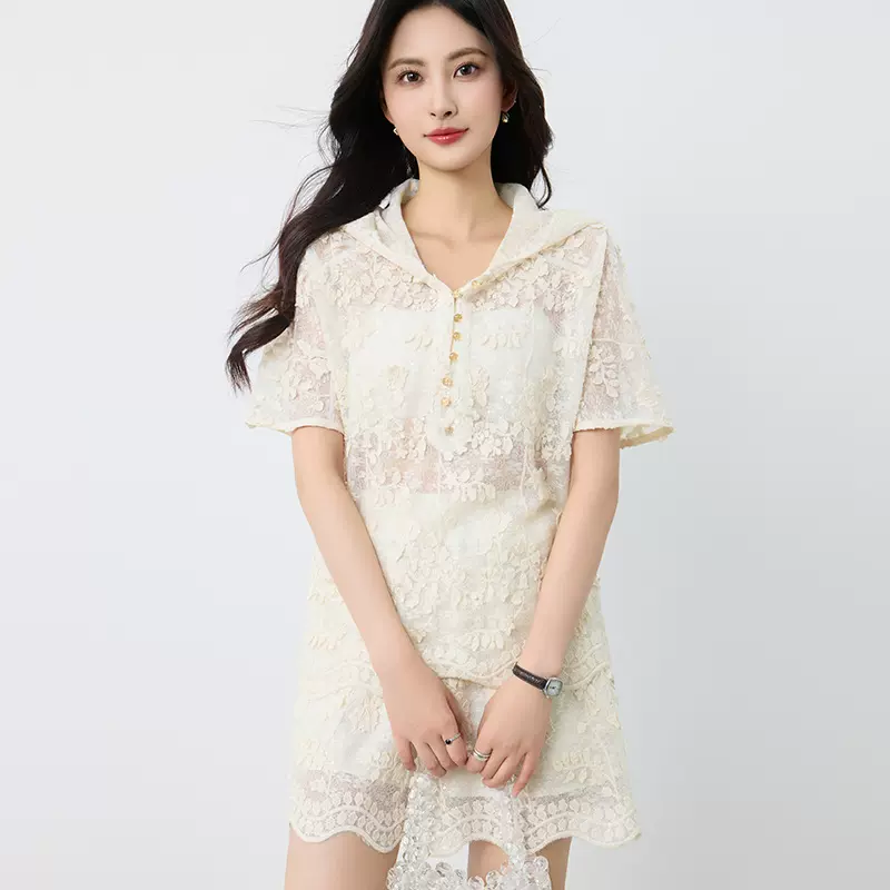 [本初]高级感蕾丝镂空时尚套装女夏季新款短袖连帽上衣短裤两件套