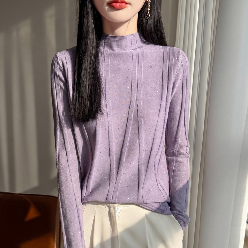New autumn and winter half-high collar ribbed sequin knit sweater, loose plus-size women's clothing, long-sleeved base top New autumn and winter half-high collar ribbed sequin knit sweater, loose plus-size women's clothing, long-sleeved base top