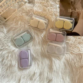 ins透明糖果色隐形眼镜盒子小巧便携伴侣盒美瞳护理收纳盒B07翻盖