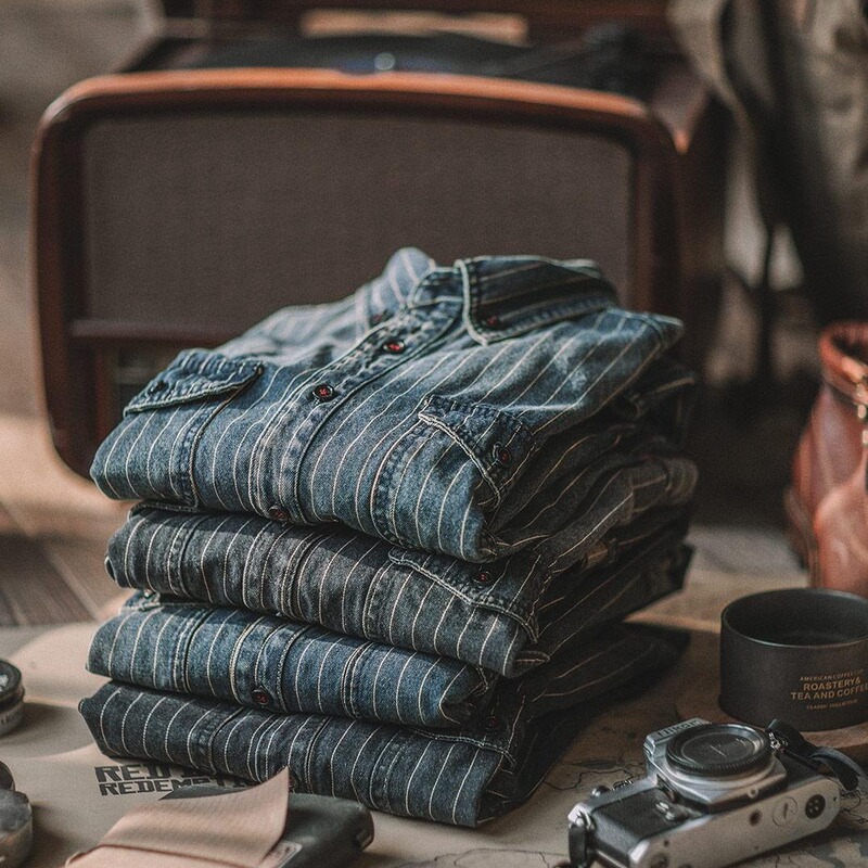 American Style Retro Vertical Stripe Denim Shirt Heavy Ami Khaki Tooling Washed Old Long Sleeve Shirt for Men