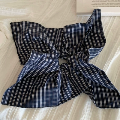American Academy Style Plaid Fabric Square Large Intestine Hair Ring Niche Design Sense Low Pony Tail Headline 2024 New Style (Saç üçün rezinlər) - navy-blue-plaid-square-scarf