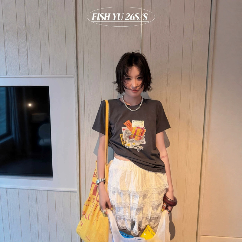 Fishyu Summer New Korean Style Shopping Cart Print 3D Padded Decorative Short Sleeve T-Shirt 626179 Fishyu Summer New Korean Style Shopping Cart Print 3D Padded Decorative Short Sleeve T-Shirt 626179
