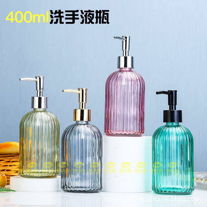 Color 400ml jabón líquido botella de prensa botella de desinfectante de manos de rayas verticales botella de loción botella de gel de ducha de vidrio de estilo europeo botella de Gel de Ducha