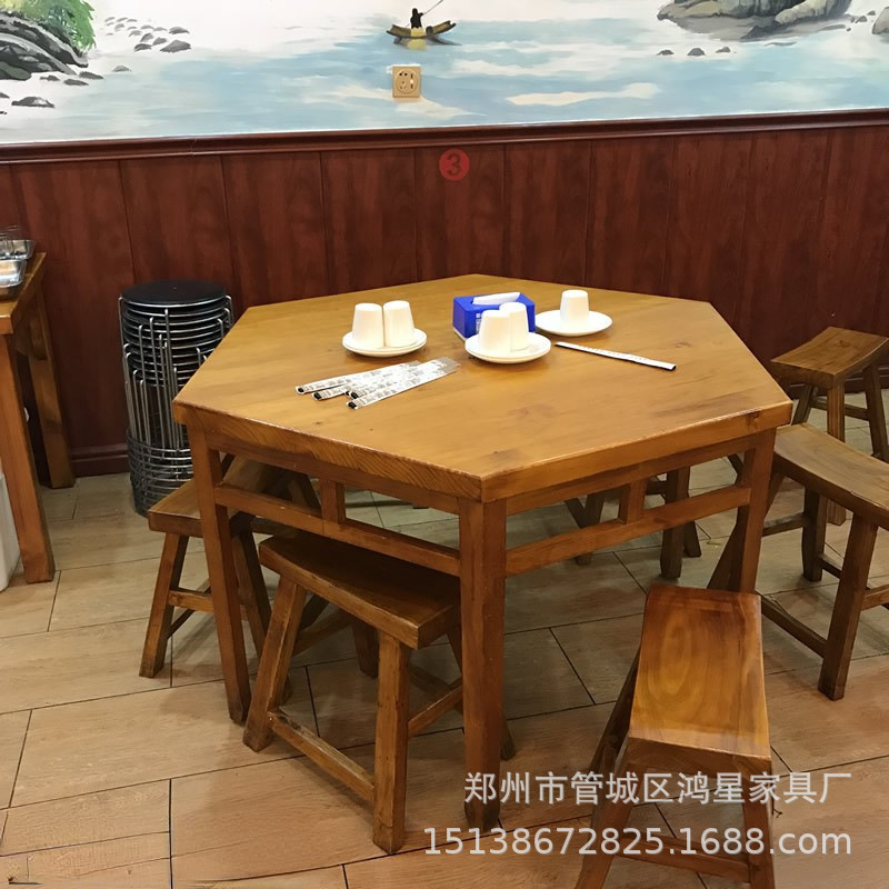 Chinese Cafe Solid Wood Dining Table Hotel Bar Pine Set Dining Table and Chair Milk Tea Shop Hotel Hot Pot Table
