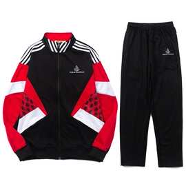 欧美高街嘻哈复古撞色运动套装 潮牌宽松户外三条杠休闲两件套