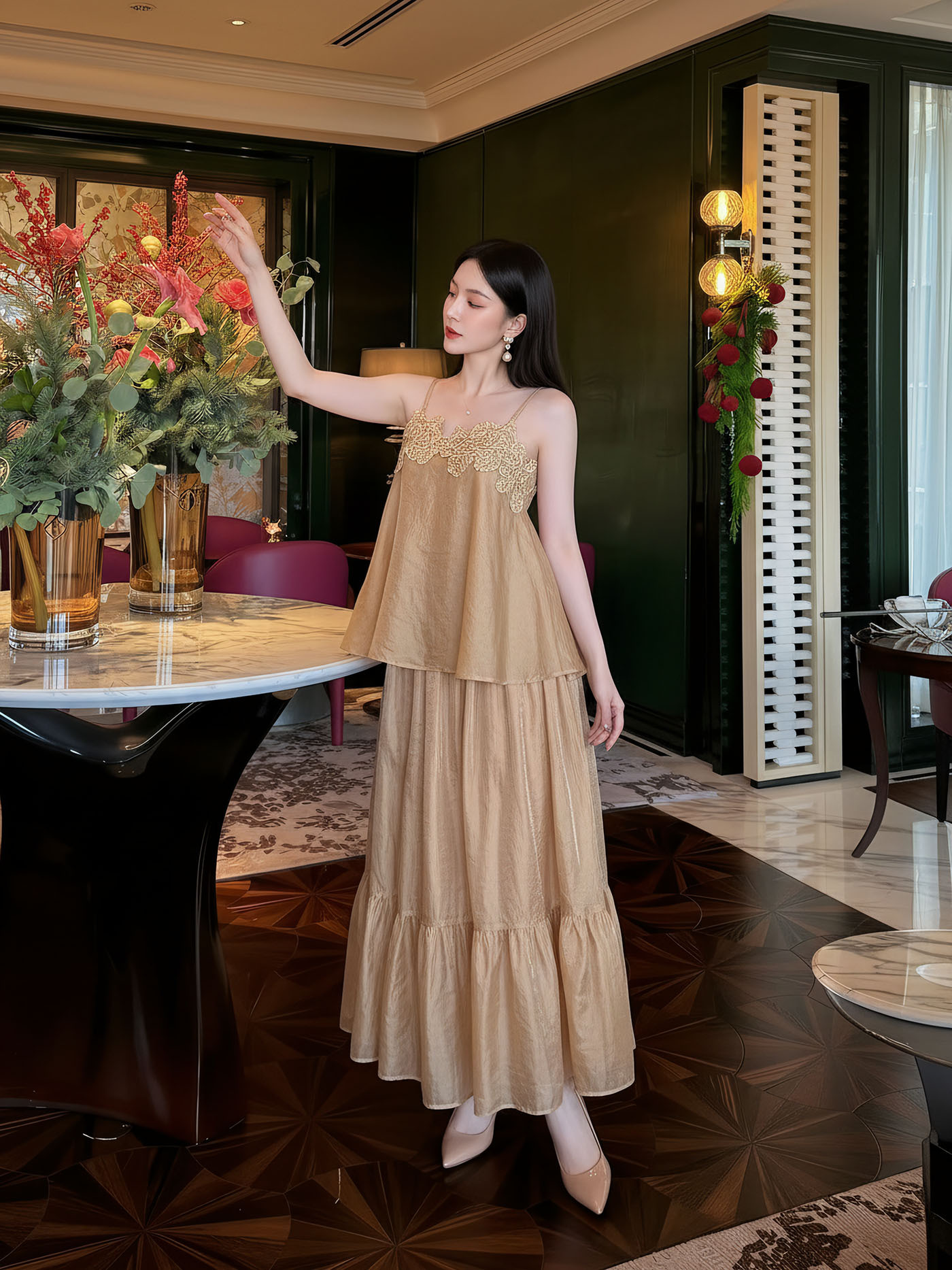 Bộ váy đầm maxi nữ thắt eo phong cách tân cổ điển Trung Hoa sang trọng — nửa váy, Trang chủ