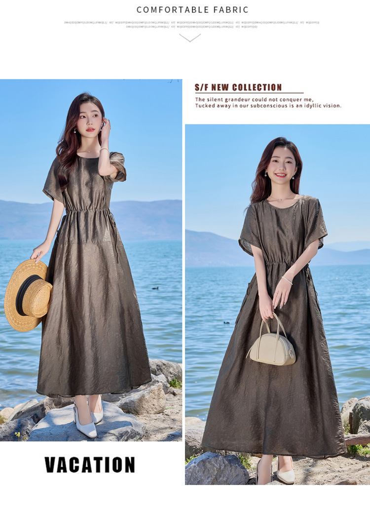 Đầm maxi nữ cổ tròn tay ngắn eo thon dáng dài — Màu đen, Màu nâu đỏ, Màu xám chi tiết 19