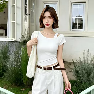 白色斜肩短袖T恤女春夏2026年新款修身一字领半袖内搭显瘦上衣潮