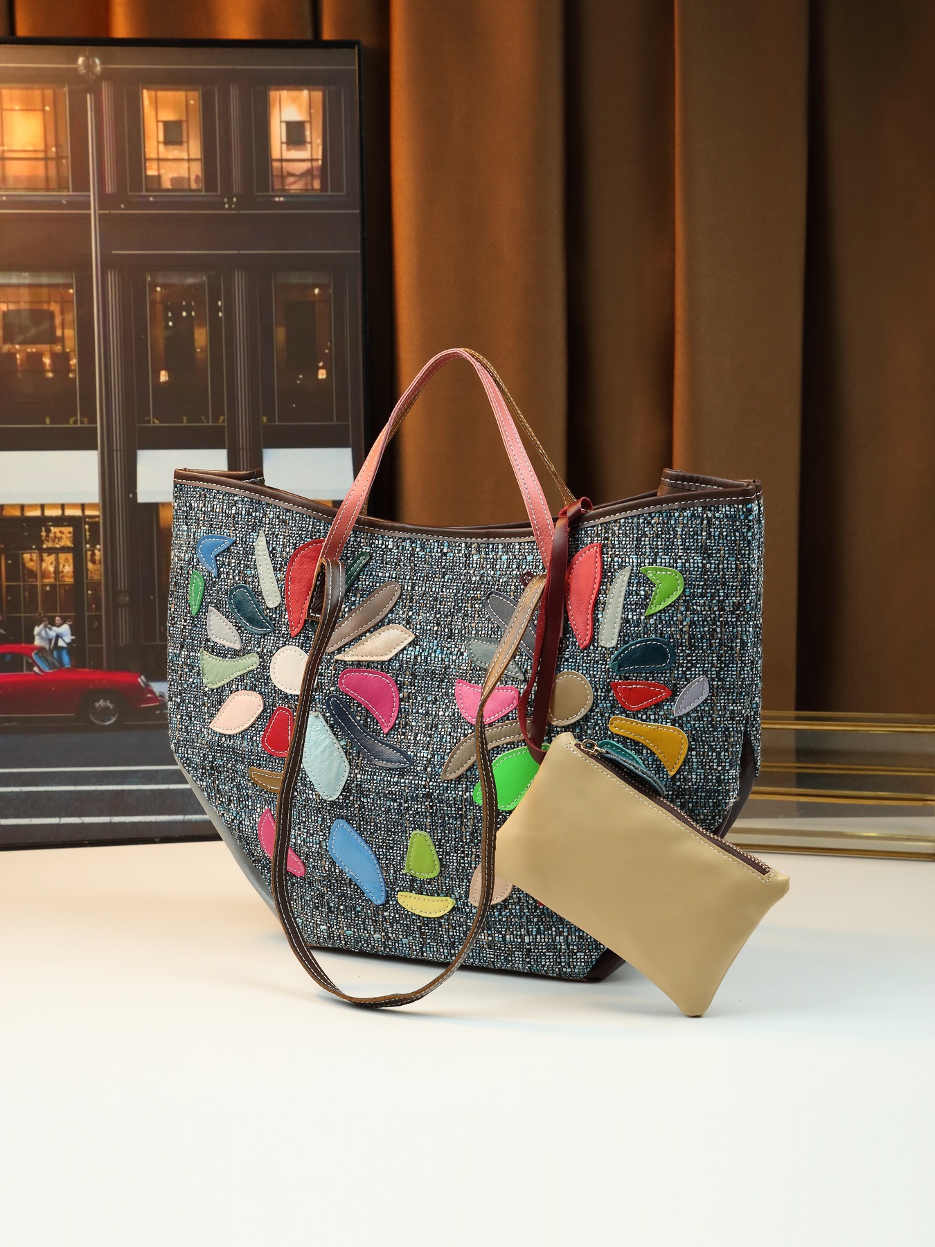 Women Genuine Leather Shoulder Bag Patchwork Irregular Graphic_voghion.com