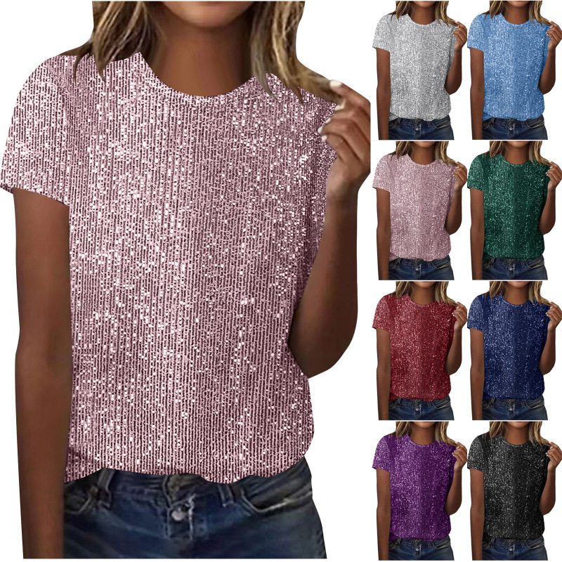 Independent Site Amazon Foreign Trade Ebay Cross-Border European and American Women's Commuter Sequined Loose Round Neck Short-Sleeve Top for Women 14 Colors