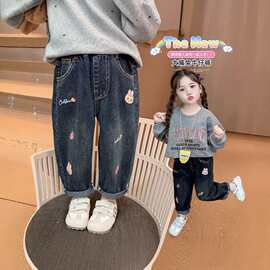 女童牛仔裤刺绣秋款儿童时髦哈伦裤小童女孩洋气韩版休闲百搭长裤
