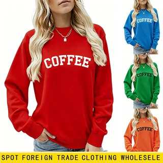 亚马逊ebay独立站休闲简约百搭女士coffee大写字母圆领长袖衫卫衣