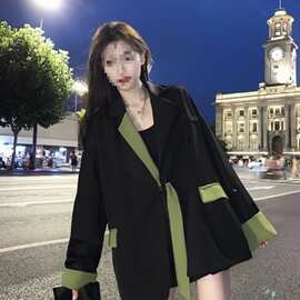 撞色西装外套2025春秋季新款韩版宽松显瘦设计百搭时尚西服上衣女