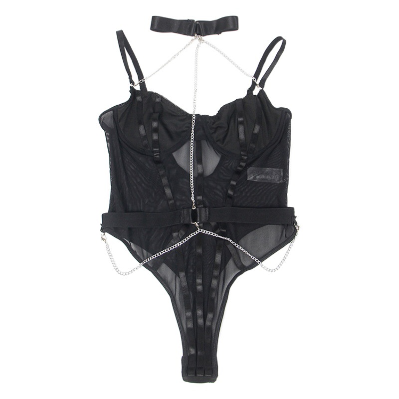 Europa y América lencería sexy de malla delgada pura deseo jumpsuit seductora cadena metal Halter Sling Top