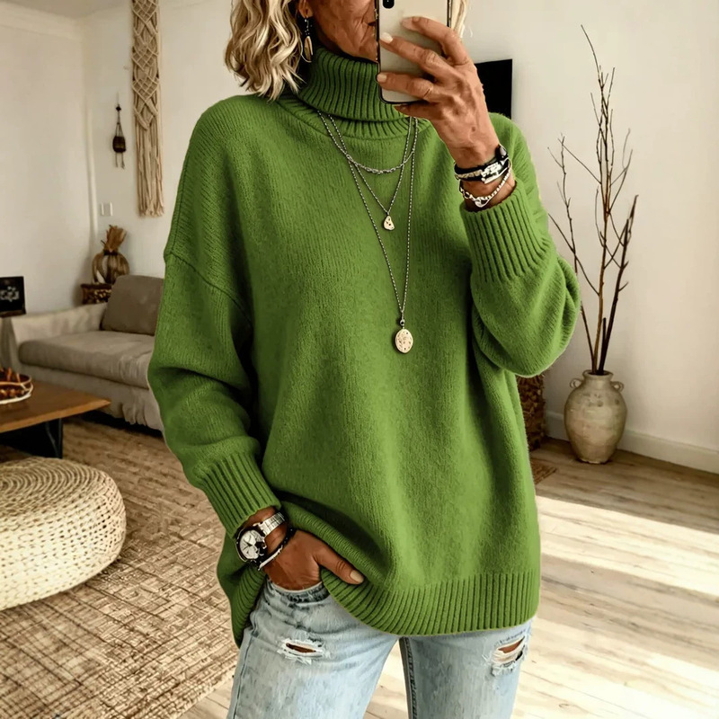 New European and American cross-border Amazon autumn and winter casual solid color elegant slit loose high-neck sweater for women