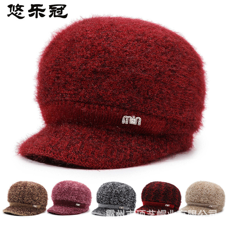 新款毛线帽加绒保暖提花老太太针织帽短檐奶奶防寒中年妈妈帽子女|undefined