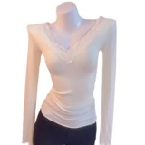 Осенний модный кружевной шелковый приятный телу сексуальный лонгслив, V-образный вырез, в западном стиле