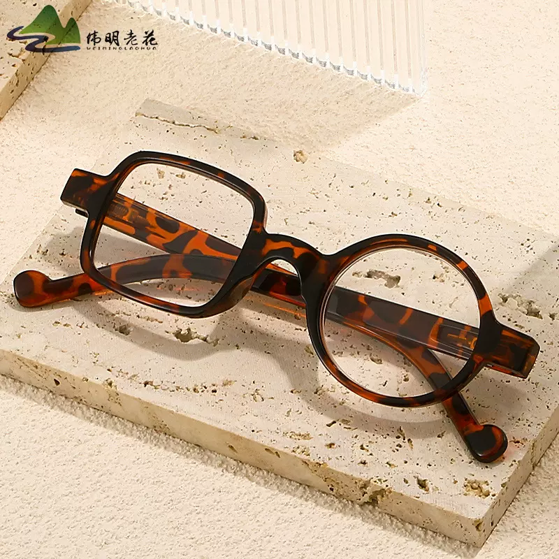复古左圆右方弹簧腿老花镜代发异形平光文艺范装饰镜A片阅读镜