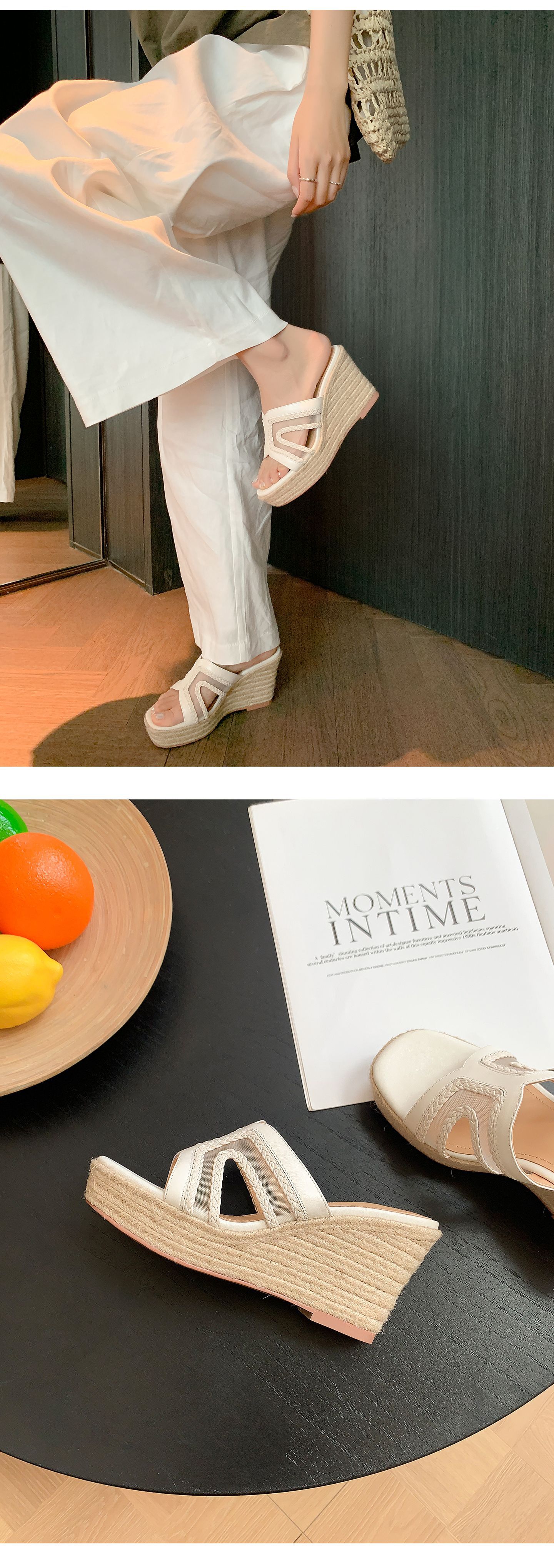 Sandal cao gót nữ hở mũi đế xuồng 9 cm, phong cách boho đan rơm — màu vàng, màu trắng ngà chi tiết 15
