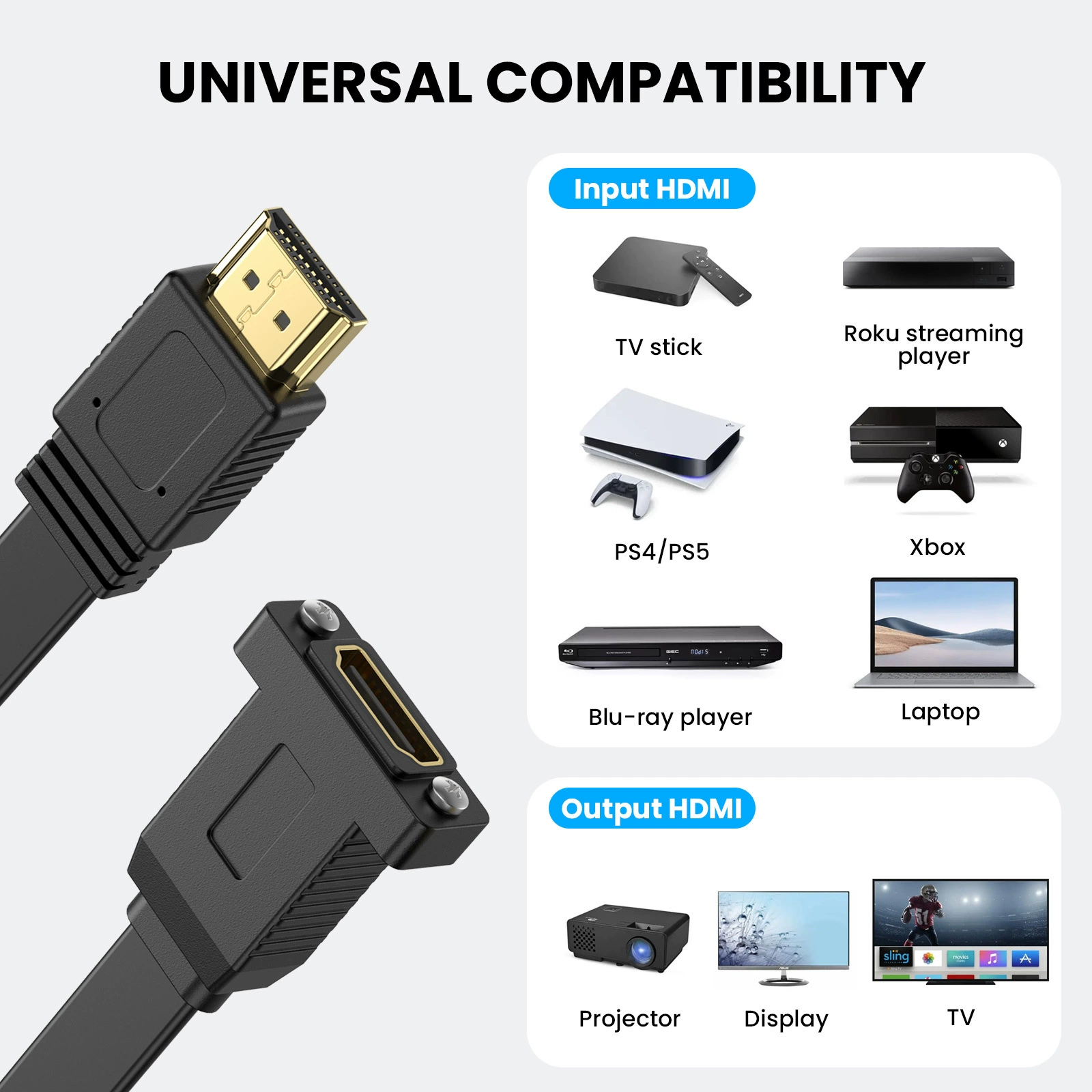Плоский удлинительный кабель HDMI 2.0 с фиксированной панелью, подключение штекера, поддержка 4K 60Hz