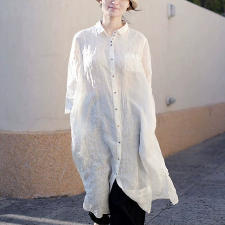 2025 New Summer Style Clear and Fine Pure Linen Loose Mid-Length Lapel Multi-Button Casual Elegant Shirt Dress