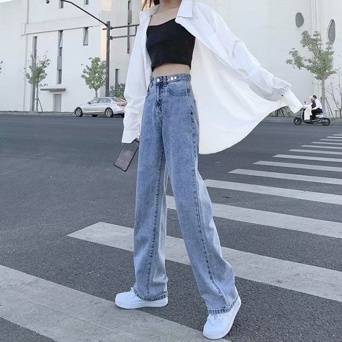 High-waisted jeans for women  spring and autumn new Korean style slim and versatile loose straight wide-leg pants trendy floor-length trousers