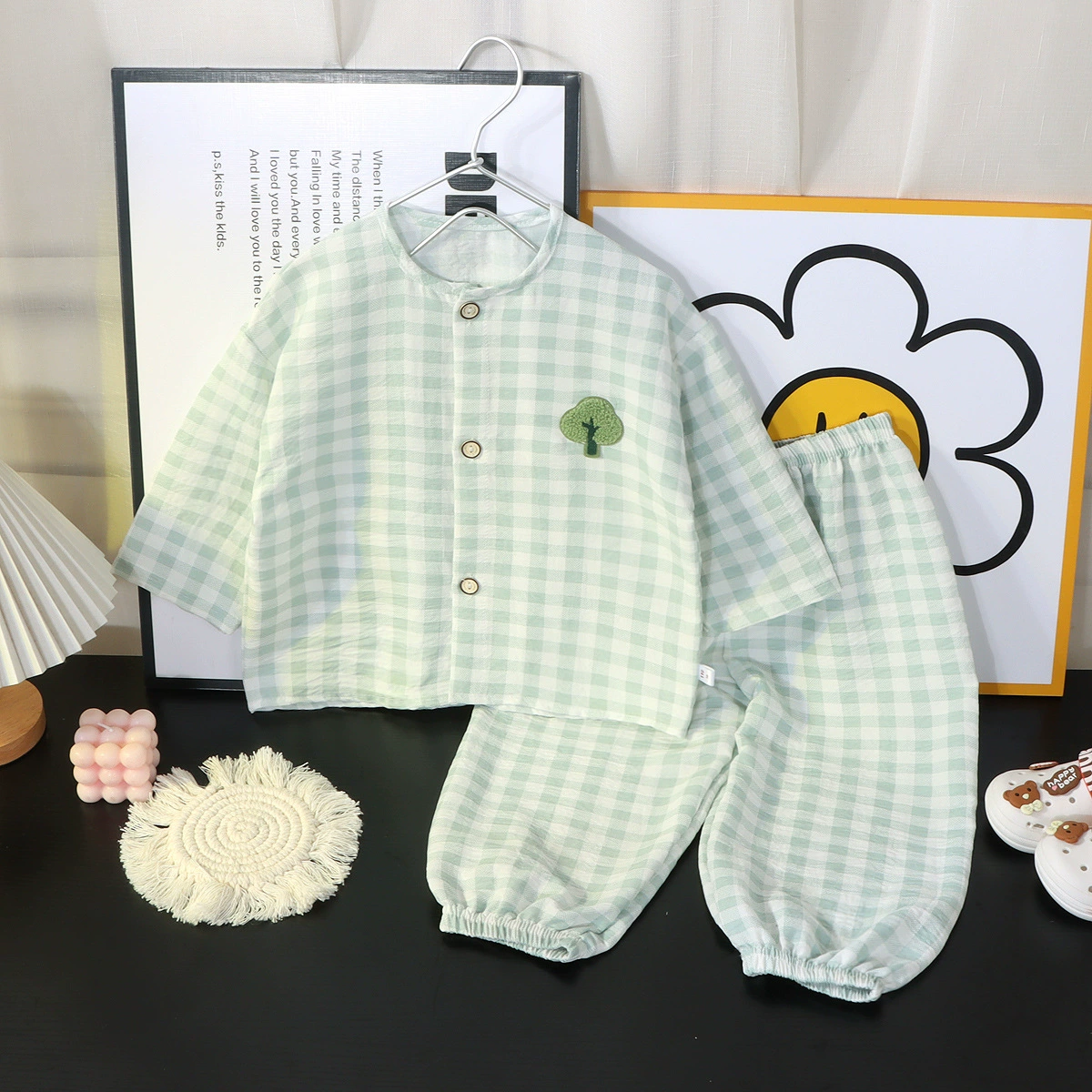Children's Plaid Pajama Set, Unisex Summer–Autumn, Multi-Size 80–150 cm, 4 Colors