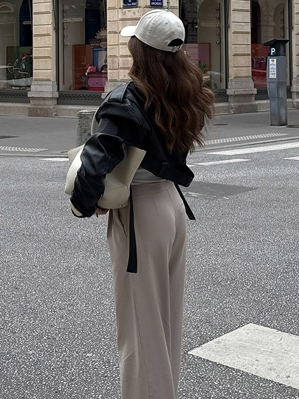 美式设计感机车服宽肩系带短款翻领皮面外套女2025跨境欧美风新款|undefined