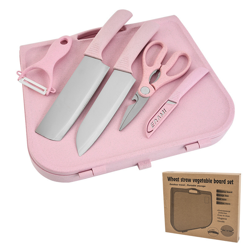 Lugar de fábrica al por mayor paja de trigo de acero inoxidable juego de seis piezas de cuchillo maleta con tabla de cortar juego de cuchillos de cocina caja de regalo