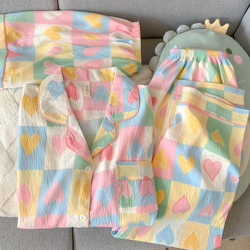 Pijamas de amor dulce de color, pantalones de manga corta de hilo de algodón de nube de verano para mujer, cárdigan de tres piezas, servicio a domicilio