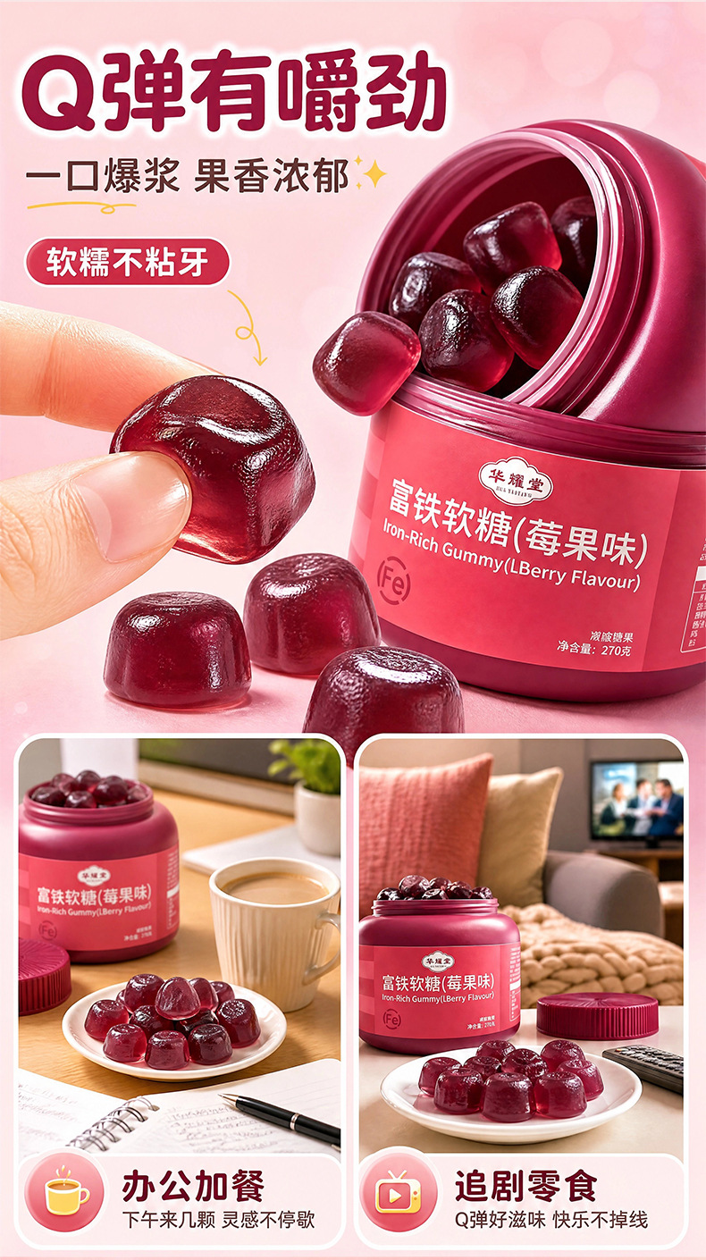 Iron Gummy Candy Berry Lychee Flavor 270g Bottle Six Iron Sources Womens Daily Nutrition Supplement key features