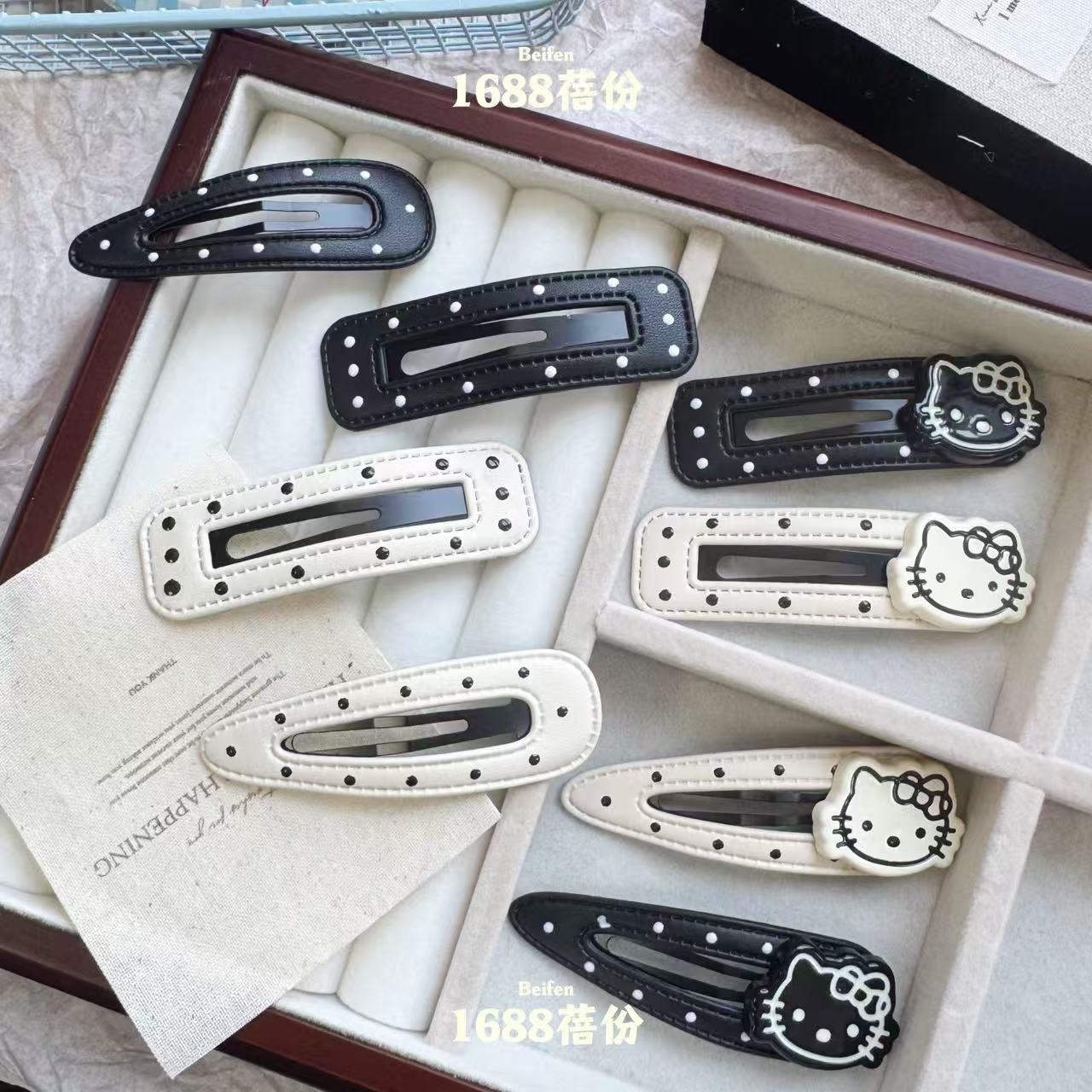 简约百搭黑白波点皮质水滴BB夹侧边刘海夹可爱猫咪碎发夹ins发饰