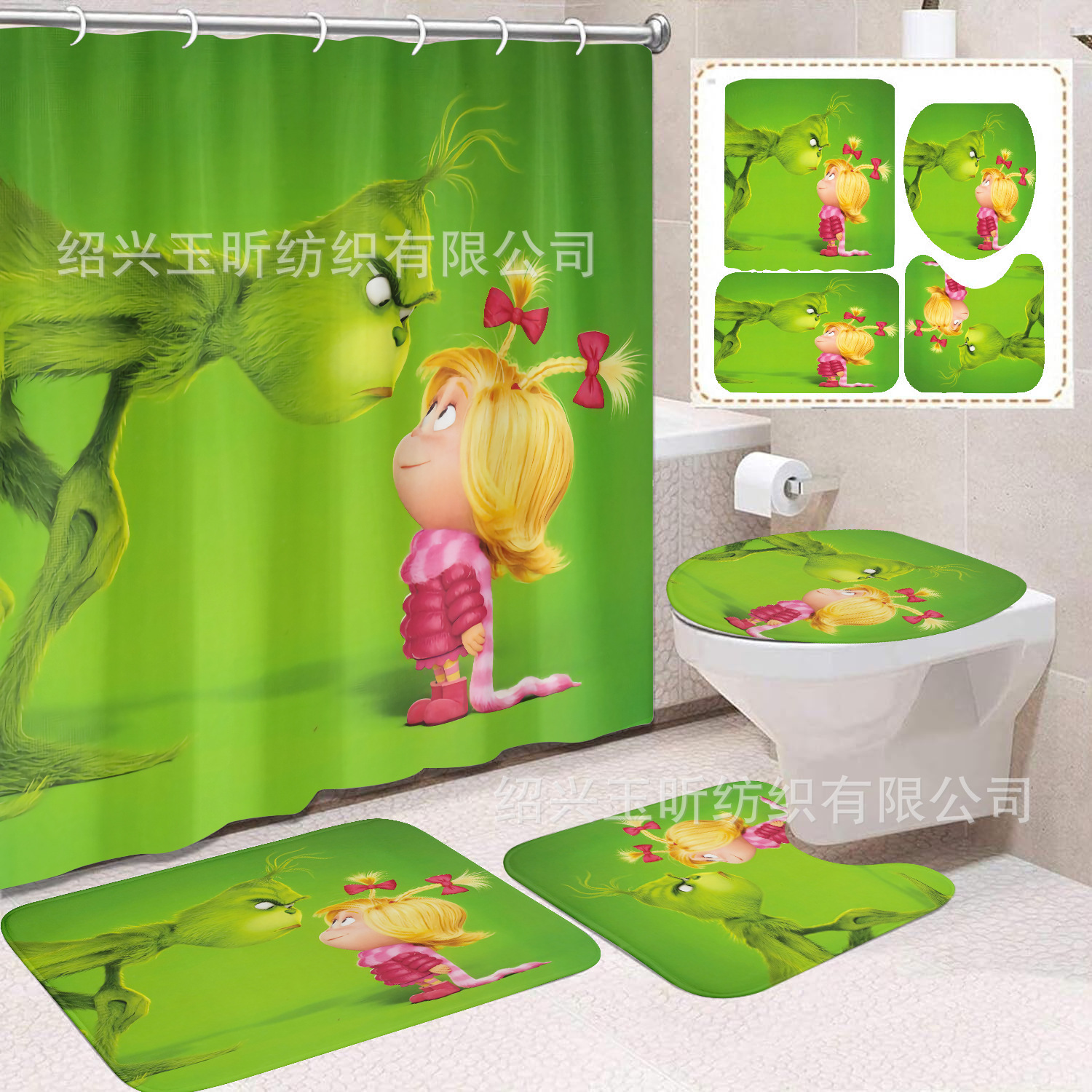 Tela de cortina de ducha transfronteriza, cortina de ducha impermeable, alfombra antideslizante de baño, juego de Grinch 4 de pelo verde al por mayor, sin perforación